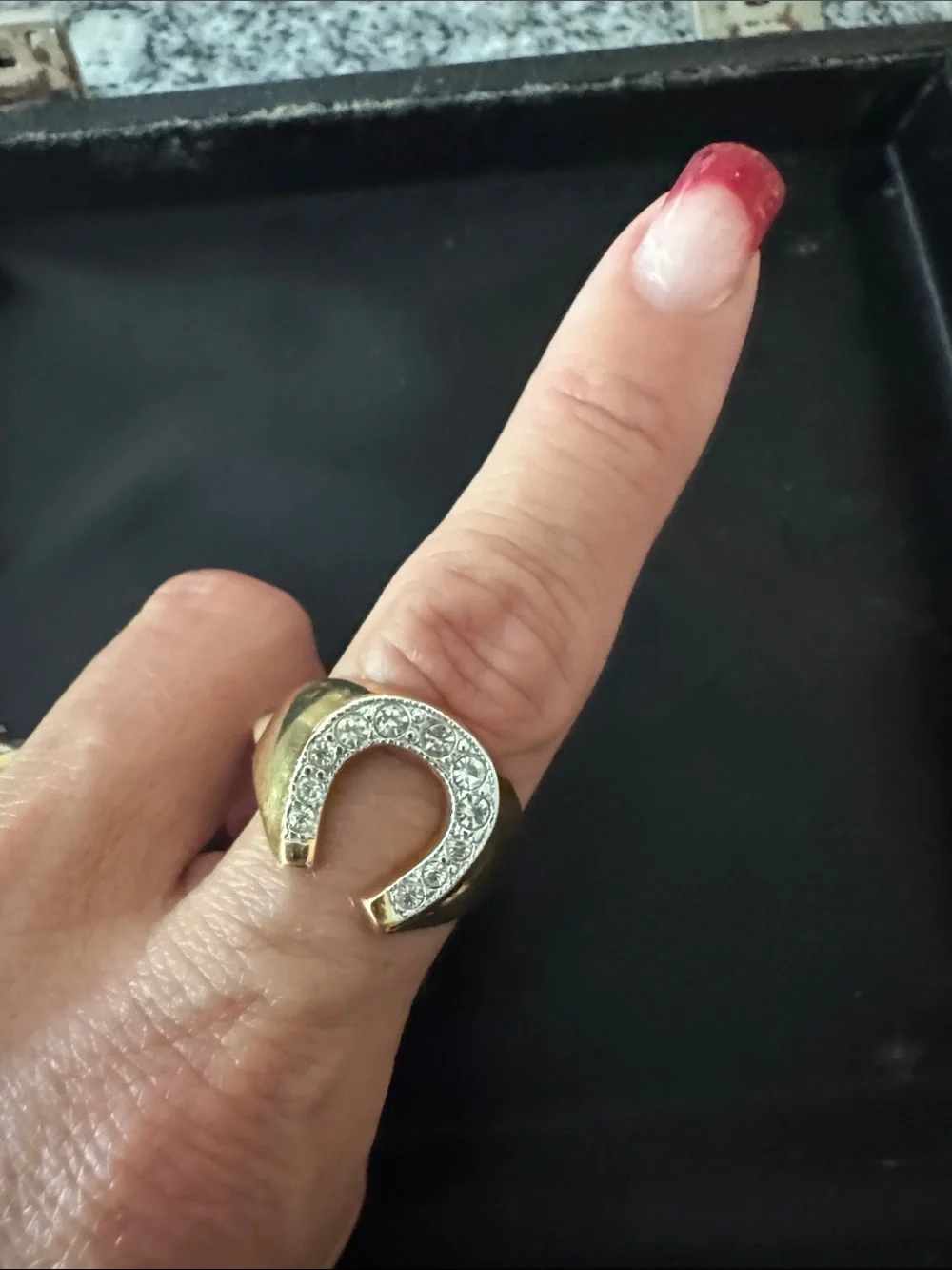 18K Heavy Gold Electroplated Horseshoe Ring with Clear Crystals - Size 11 - NWT